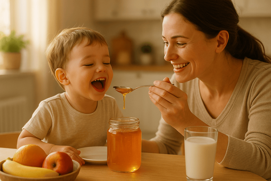 Mật ong rừng nguyên chất, một thực phẩm giàu dinh dưỡng cho trẻ em.