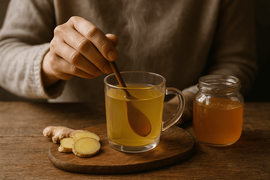 Pha trà gừng mật ong rừng ấm nóng để làm dịu cổ họng bị viêm.