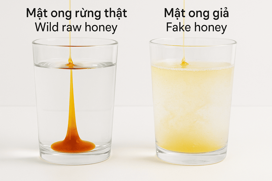 So sánh mật ong rừng thật và mật ong giả qua thử nghiệm với nước.
