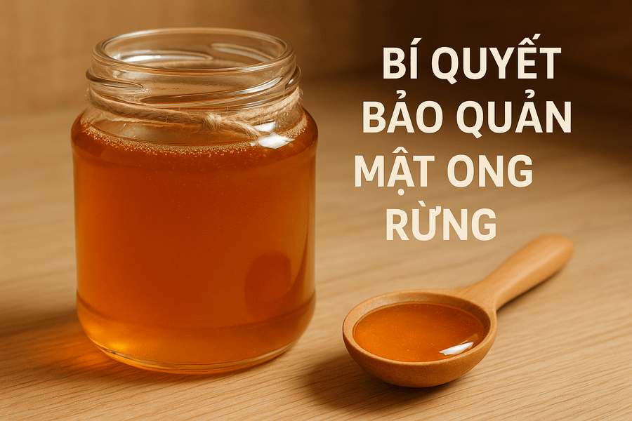 Mật ong rừng nguyên chất được bảo quản đúng cách trong hũ thủy tinh để giữ trọn vẹn hương vị