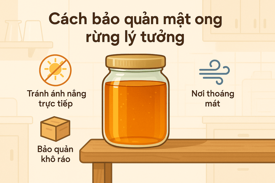 Cách bảo quản mật ong rừng lý tưởng ở nơi khô ráo, thoáng mát, tránh ánh nắng trực tiếp.