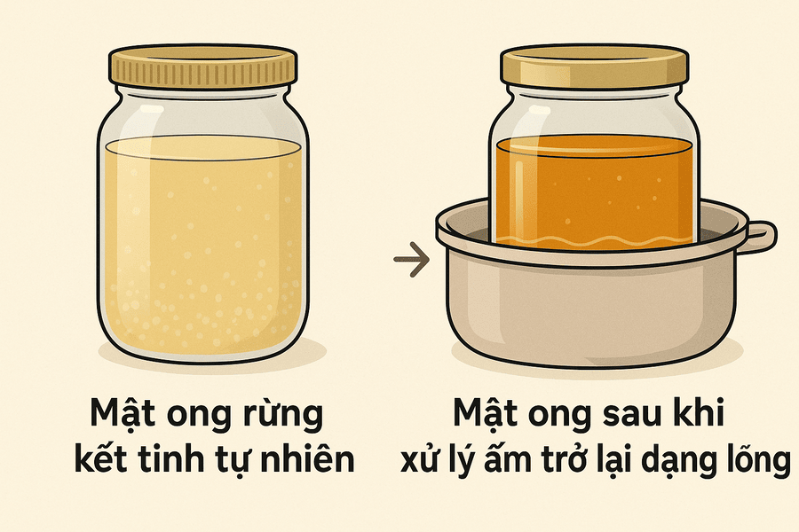 Hiện tượng mật ong rừng bị kết tinh tự nhiên và cách xử lý để mật ong trở lại trạng thái lỏng.