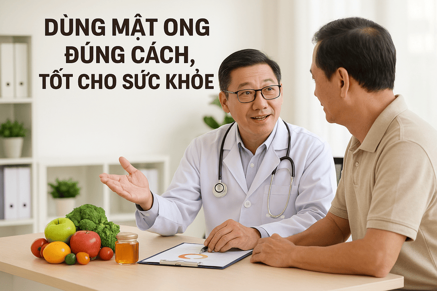 Bác sĩ đang tư vấn dinh dưỡng cho bệnh nhân, minh họa cho lời khuyên quan trọng nhất về việc dùng mật ong.