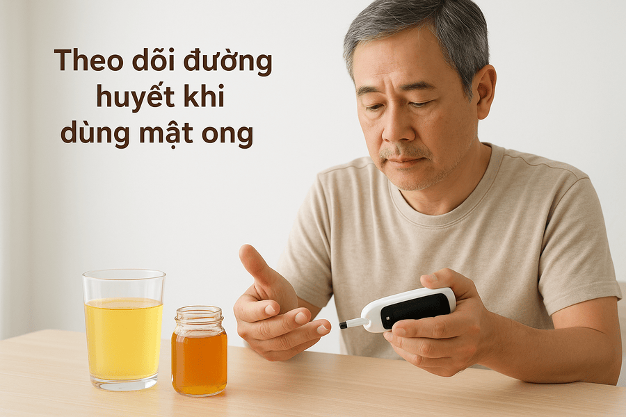 Một người đang sử dụng máy đo đường huyết cá nhân, nhấn mạnh tầm quan trọng của việc theo dõi khi dùng mật ong.