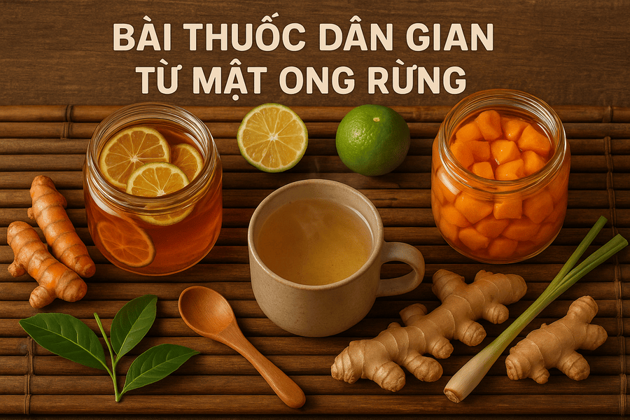 Các bài thuốc từ mật ong rừng như mật ong ngâm chanh đào hoặc nghệ, dùng chữa bệnh.