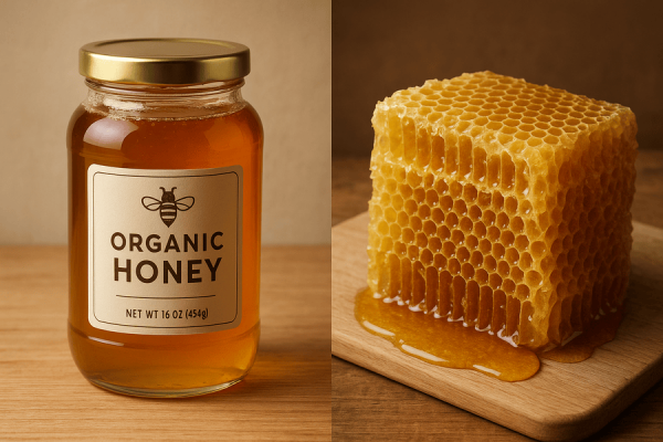So sánh sự khác biệt giữa mật ong hữu cơ và mật ong rừng tự nhiên về màu sắc và bao bì