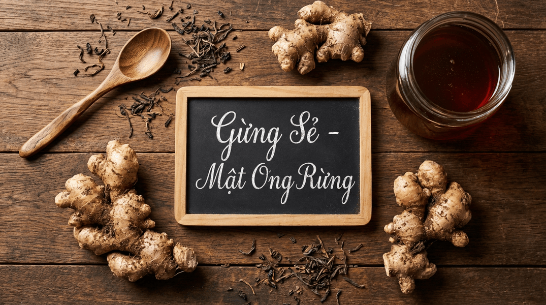 Nguyên liệu làm trà gừng mật ong gồm gừng sẻ và mật ong rừng