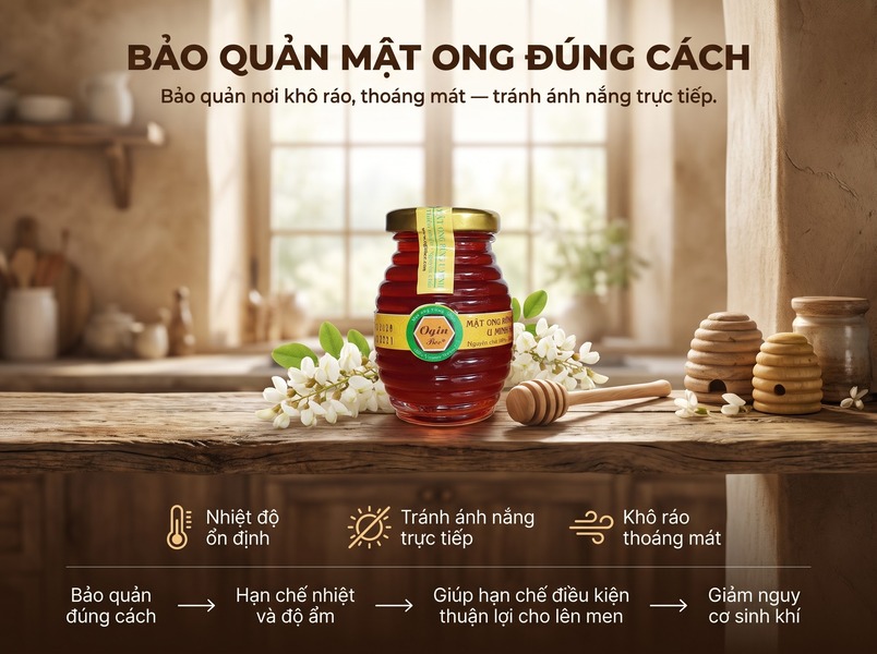 Bảo quản mật ong rừng trong hũ thủy tinh tại nơi khô ráo, thoáng mát để hạn chế sinh khí gas.