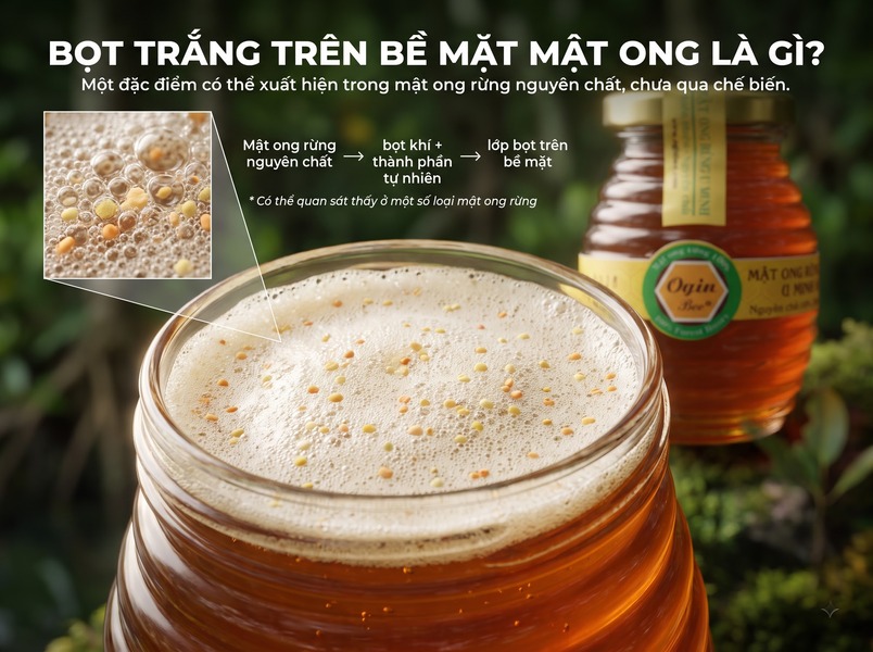 Hiện tượng mật ong sủi bọt khí gas nổi lên trong hũ mật ong thô tự nhiên do quá trình lên men.